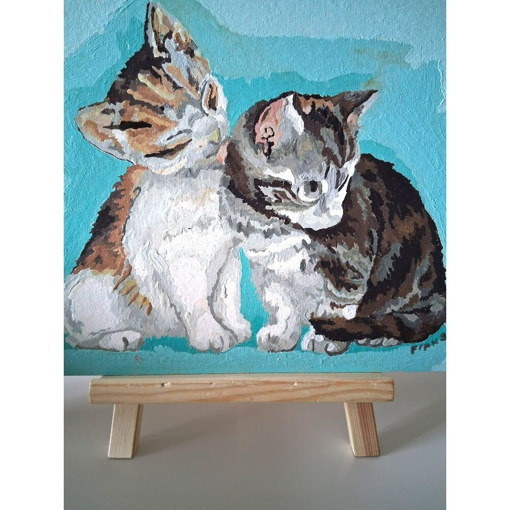 Vintage Hand Painted Oil Painting Of Two Kittens On Board Artist Fran Sullivan